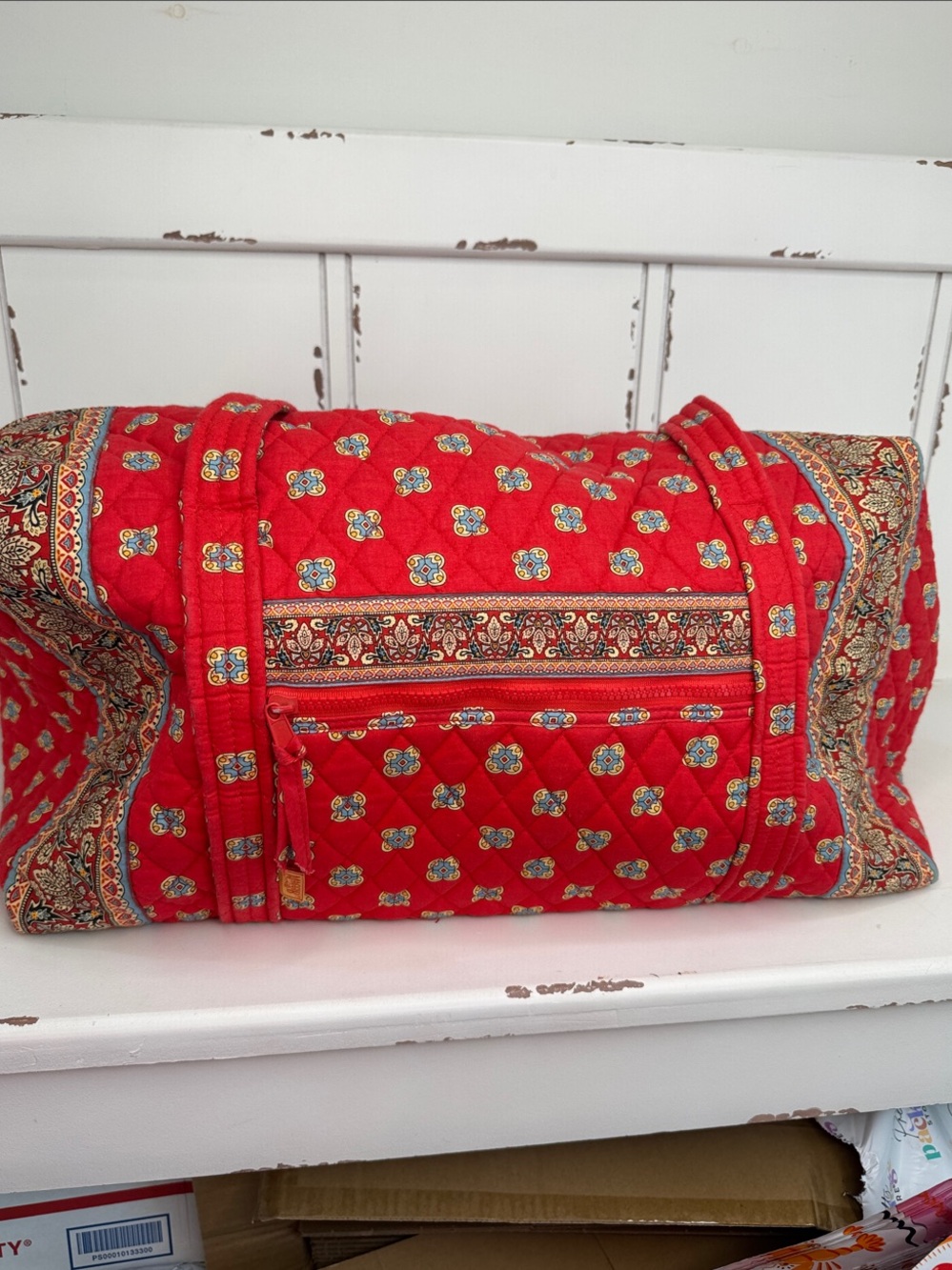 Red Quilted Travel Duffel with Patterned Trim